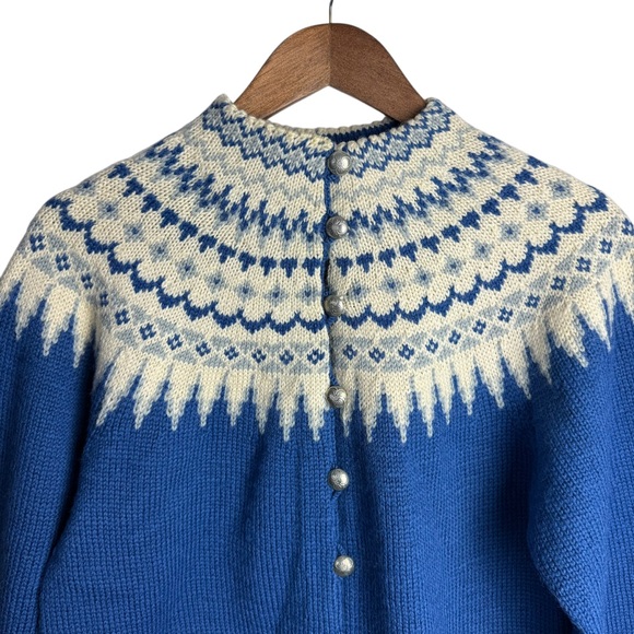 Vintage William Schmidt Norwegian Wool Sweater Blue Nordic Fair Isle Cardigan - Picture 2 of 9